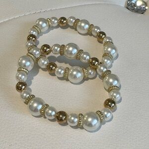 White Pearl and Gold Beaded Bracelet Set of 2 New